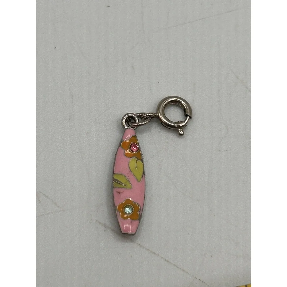 Vintage Silver &‎ Enamel Surfboard Charm W/ Flowers Floral Design